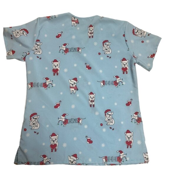 Scrubaid Women's Scrub Top  Blue Shirt French Bulldog  Xmas Theme Size Large - Picture 3 of 5